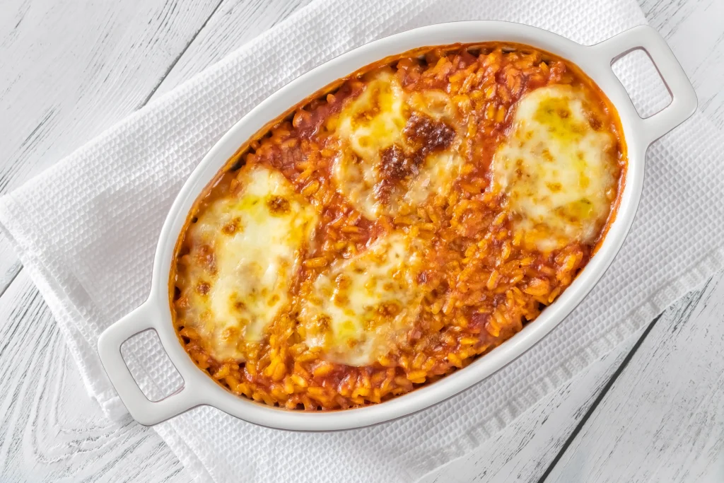 Brown Rice Casserole with tomatoes and mozzarella cheese