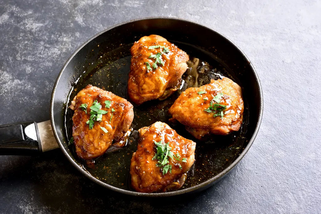 Chicken thighs with herbs simmering in a skillet