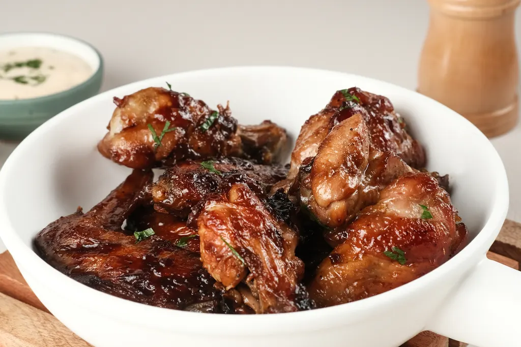 Glazed chicken in a white serving bowl, slow cooker style