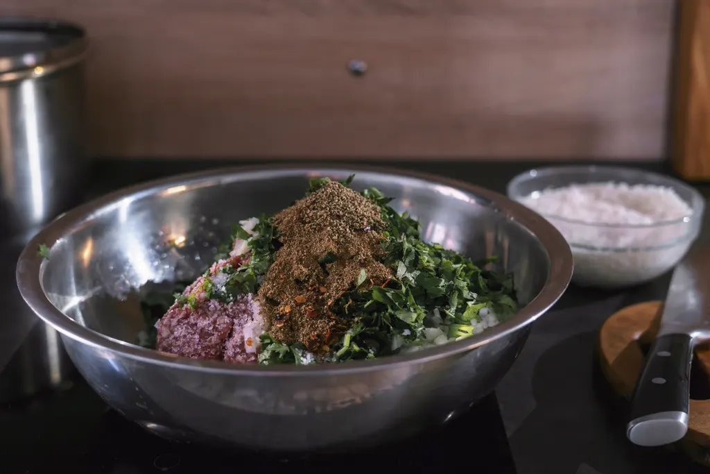 Braciole filling ingredients in a metal mixing bowl