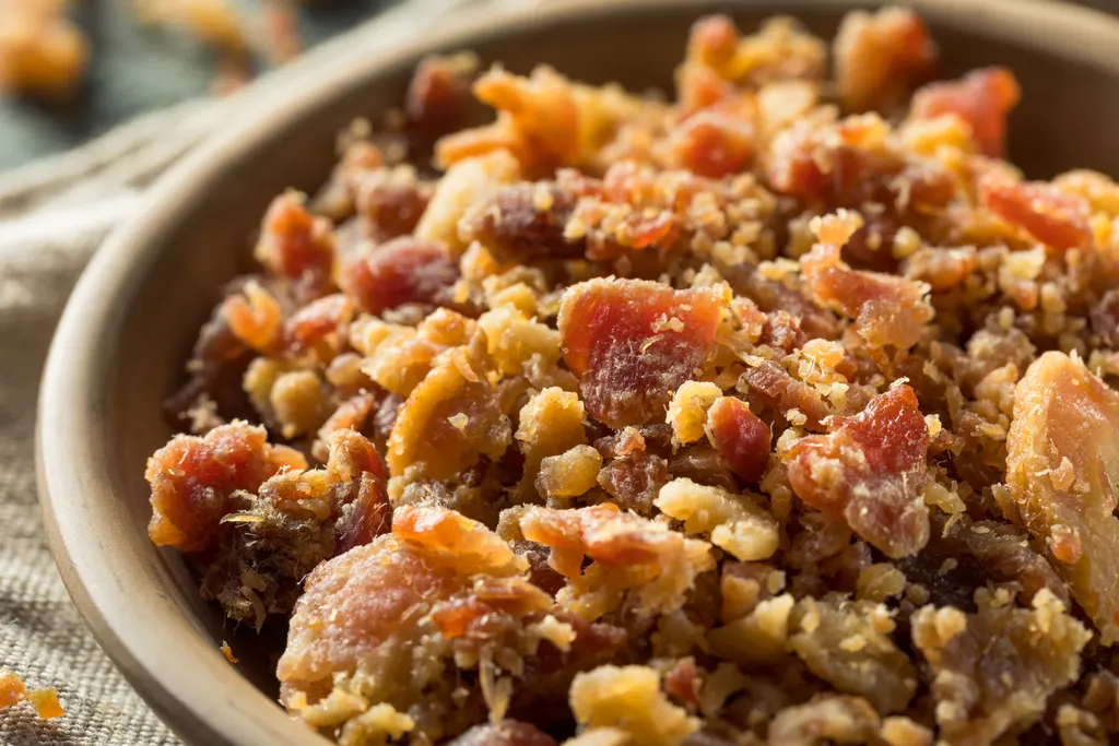 Crispy bacon crumbles in a rustic bowl