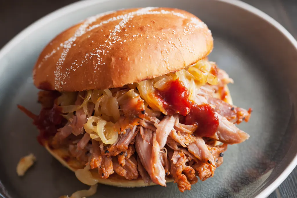 BBQ pulled pork sandwich with sauce and onions