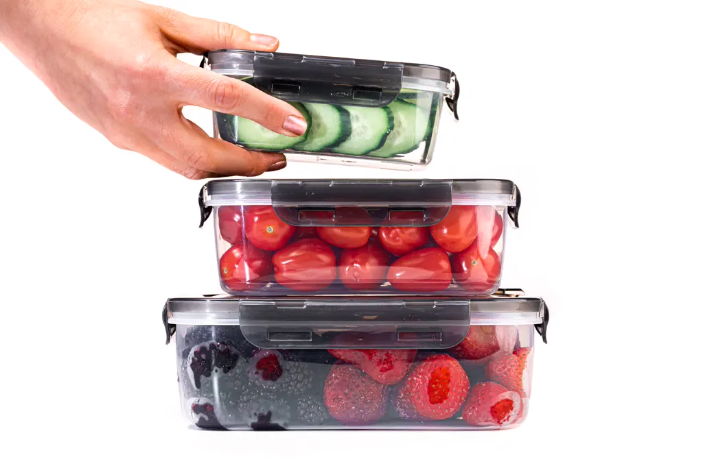 Glass meal prep containers stacked for storage