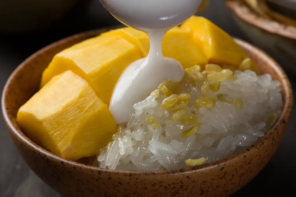 Coconut milk being drizzled over sticky rice