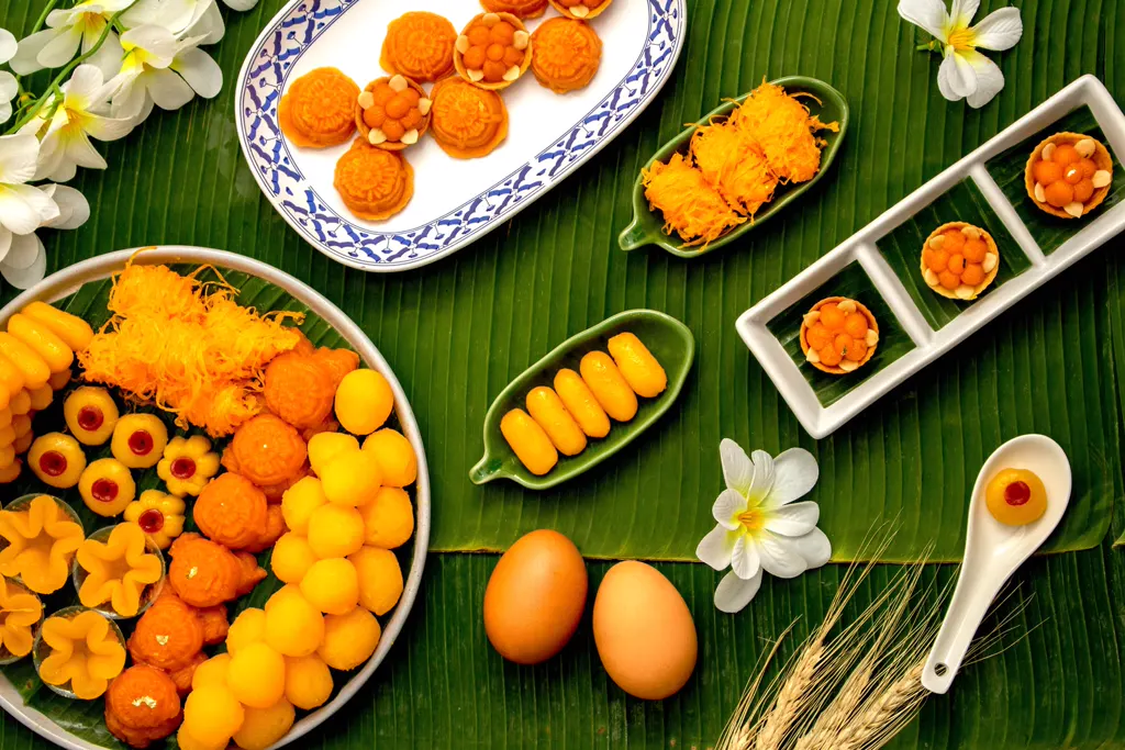 Assorted Thai desserts on banana leaves