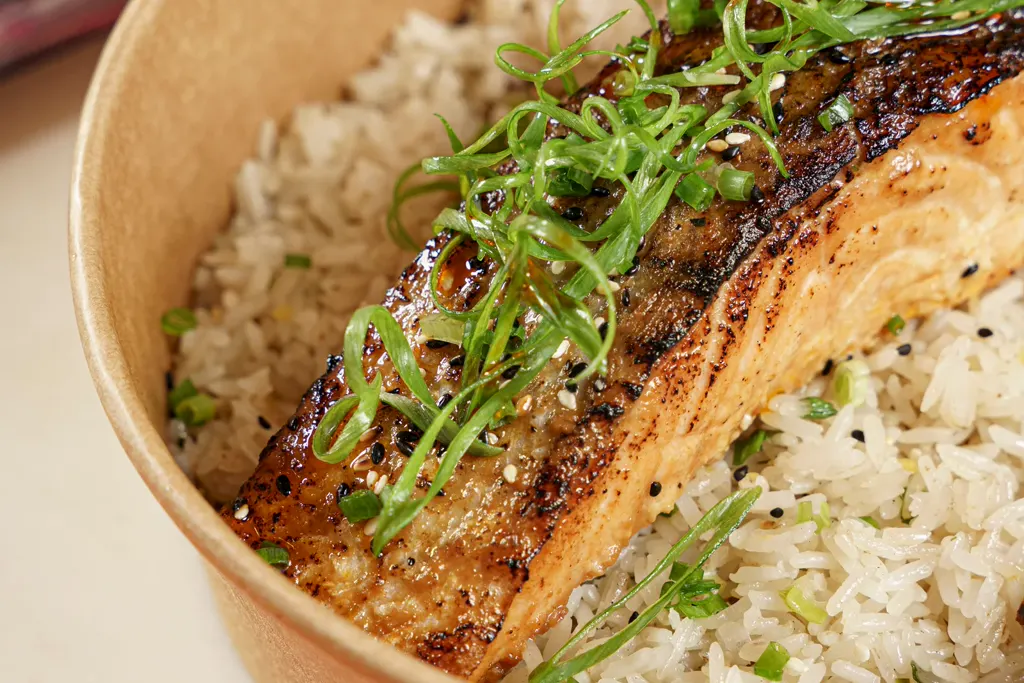 Sticky salmon rice bowl