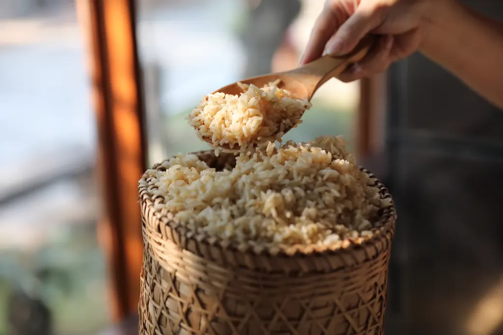 Lao sticky rice in a woven basket